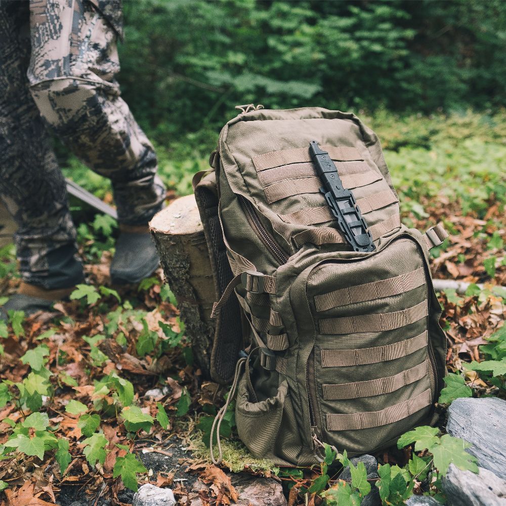 Gear Aid Kotu Tanto Survival Knife in sheath on backpack