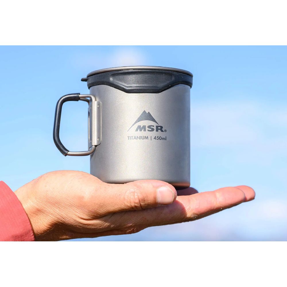 MSR Titan Cup 450mL in palm of hand