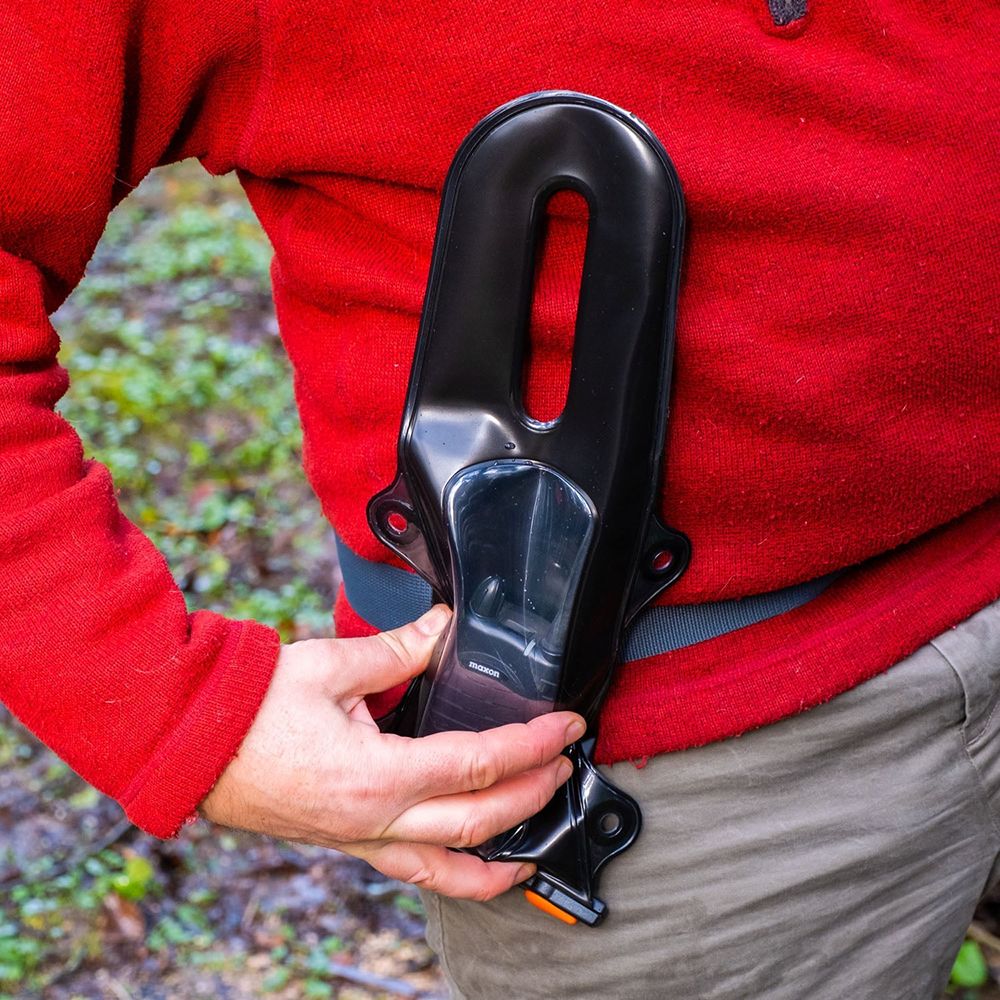 Aquapac PRO VHF Waterproof Case Small in action with radio inside attached to belt