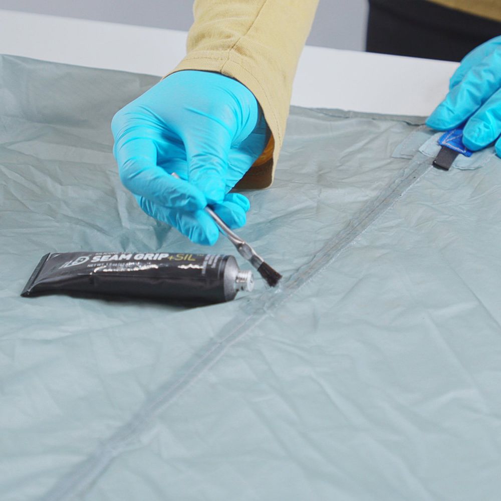 Gear Aid Silicone Tent Sealant applied to tent