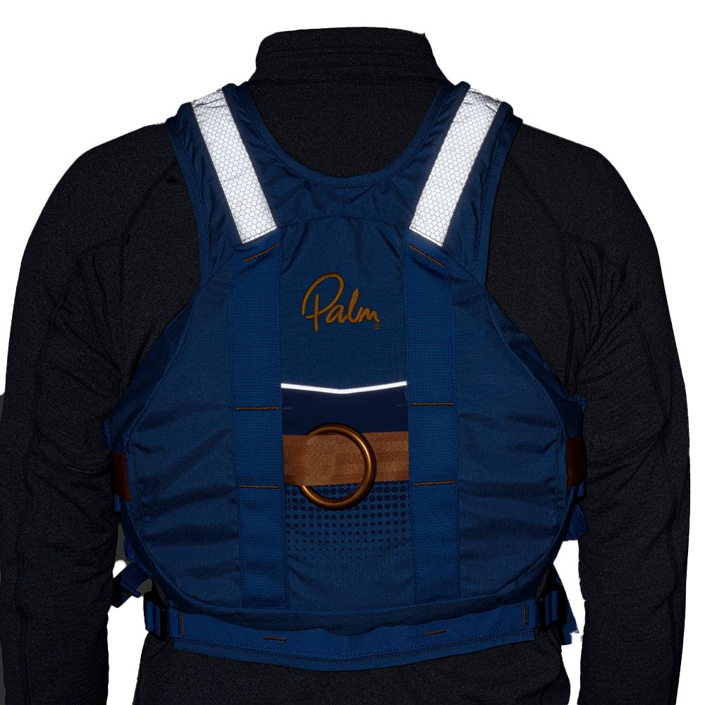 Palm Extrem Whitewater Buoyancy Aid ocean cobalt back demonstrating reflectors glowing