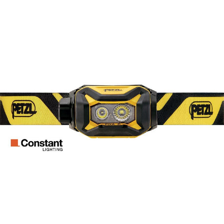 Yellow and black Petzl Pixa R headlamp with Petzl branding on a white background
