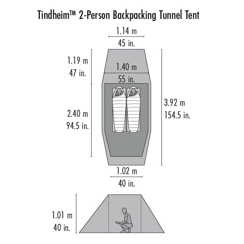 Tindheim™ 2-Person Backpacking Tunnel Tent size chart